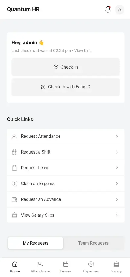 Quantum HR home screen: check in by face, with quick links for attendance, leave, expenses and salary slips.