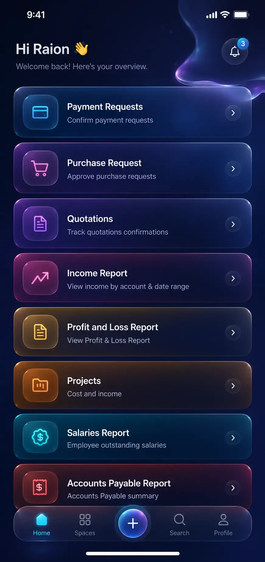 Quantum Hub manager overview: payment requests, purchase approvals and quotations above income, profit and loss, projects, salaries and accounts payable reports.
