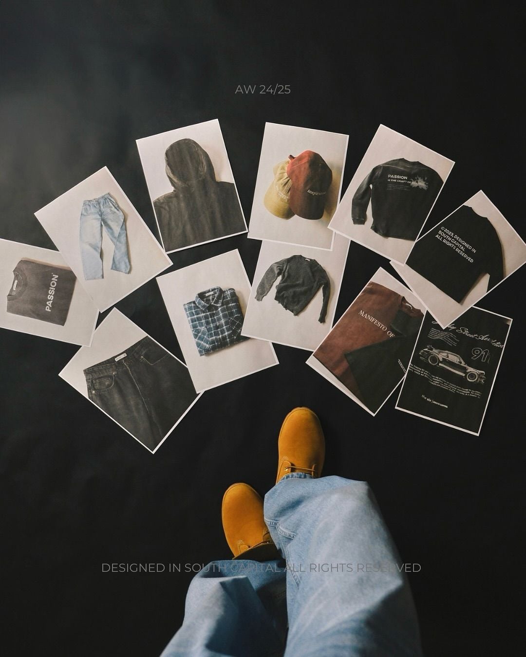 AW 24/25 lookbook prints laid out on a dark floor